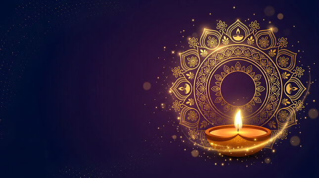 A glowing golden diya lamp placed against a dark purple background with a decorative mandala pattern for the diwali festival celebration