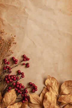 Rustic Autumn Flat Lay with Vibrant Red Berries and Golden Leaves Framing Textured Neutral Background Copy Space