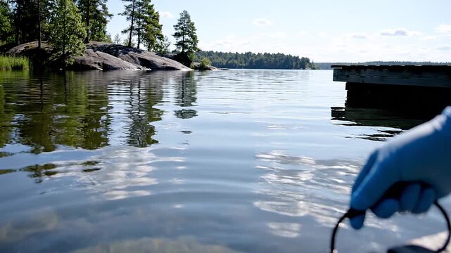 A scientific researcher taking a water sample from a tranquil forest lake environment for environmental analysis and pollution testing