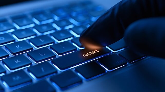 Finger pressing glowing restart button on a backlit laptop keyboard, representing system reboot, computer problems, and refreshing digital processes in technology