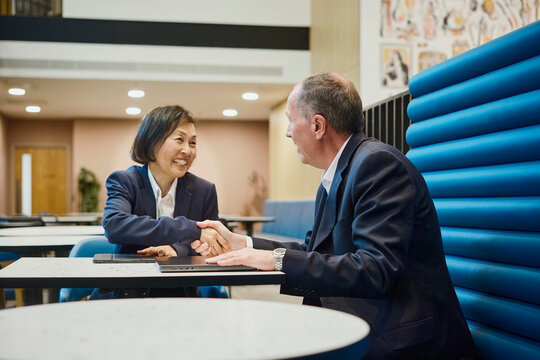 Businessman and businesswoman shake hands during a meeting