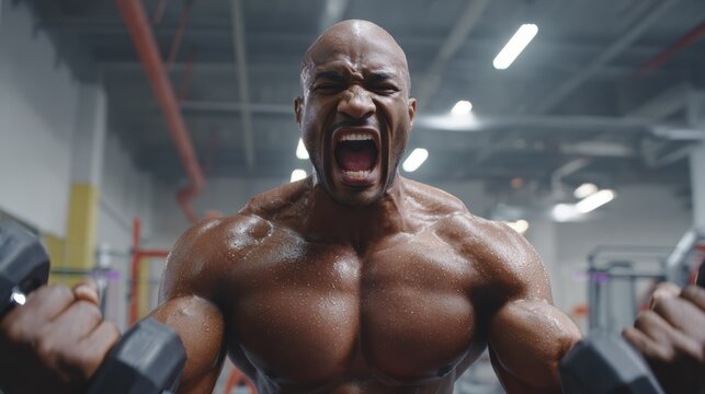 Intense muscular man lifting weights in gym with determination and strength