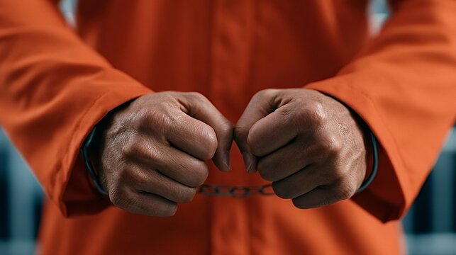 Prisoner wearing an orange uniform with hands cuffed in metal handcuffs, depicting themes of incarceration, arrest, crime, and the criminal justice system