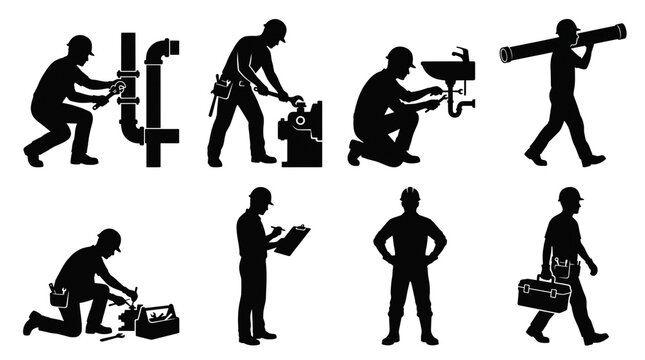 Set of Construction Worker and Plumber Silhouettes isolated on white background