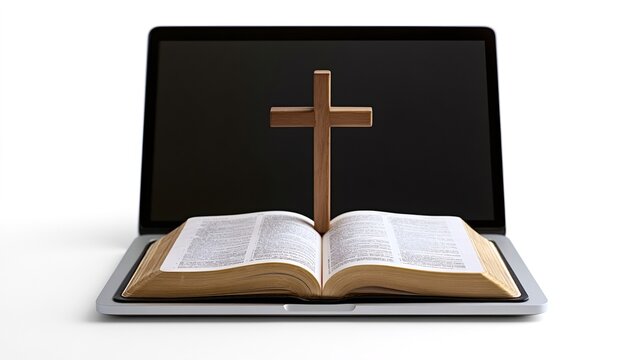 Open bible and wooden cross resting on a laptop keyboard, symbolizing the integration of faith, religious education, and spirituality with modern digital technology and online services