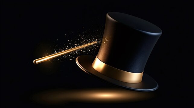 Black top hat with a golden ribbon and a magic wand producing sparkling gold dust, symbolizing illusion, mystery, and performance on a dark background
