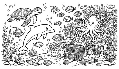 Fototapeta premium Undersea World Coloring Page Vector with Cute Dolphin Sea Turtle Octopus Coral Reef and Treasure Chest for Kids Activity Book Layouts