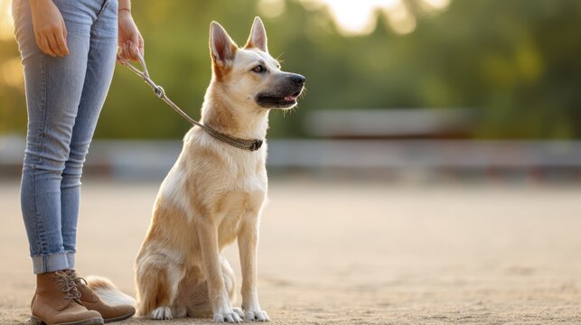 Companion dog sitting obediently outdoors with owner in casual attire