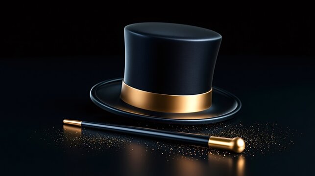 Black top hat with a golden band and a magic wand with golden tips lying on a dark surface, casting magical glitter and creating an illusion of mystery and entertainment