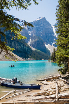 View of Moraine Lake with its turquoise water, canoes, pine trees, and snow-capped mountains in the background in Improvement District No. 9, Alberta, Canada.