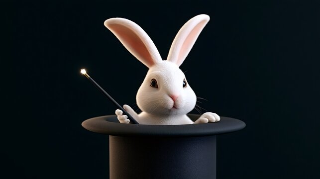 White rabbit appearing from a black top hat, holding a glowing magic wand, symbolizing illusion, mystery, and fantasy against a dark background, creating a whimsical and surreal scene