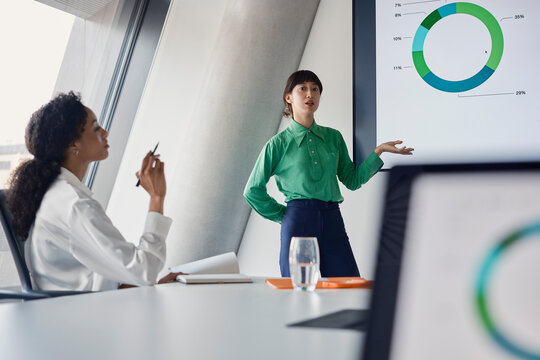 Businesswoman gives presentation to colleague in London office