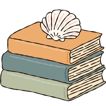 Pastel Book Stack with White Seashell Hand Drawn Coastal Reading Doodle Illustration