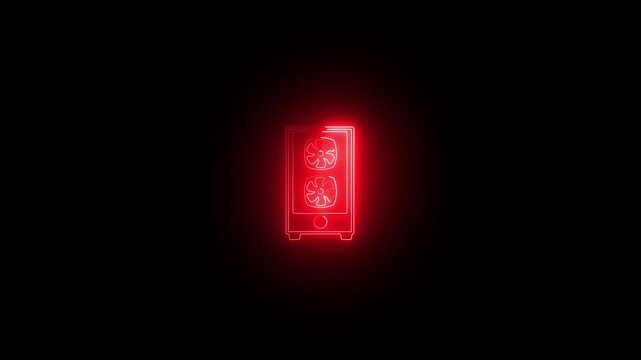 Neon red gaming pc tower animation, glowing computer hardware symbol for tech and esports branding