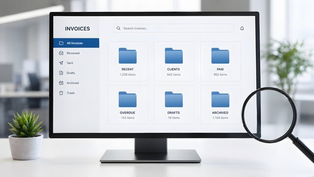 Invoice file management dashboard organizes recent client paid overdue draft and archived billing records with search