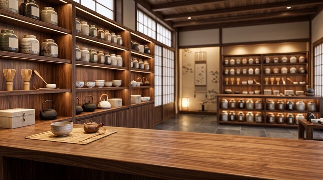 Dark wood shelves filled with ceramic tea jars and accessories in a serene japanese shop. Warm ambient lighting. Ideal for travel blogs, zen lifestyle, or hospitality marketing.