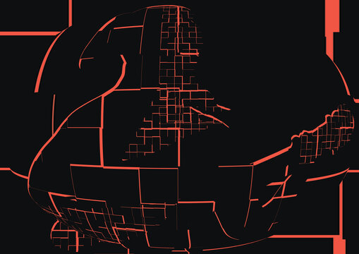 Artistically deformed geometrical red linear silhouette of guitarist with a guitar in his hands on the black background