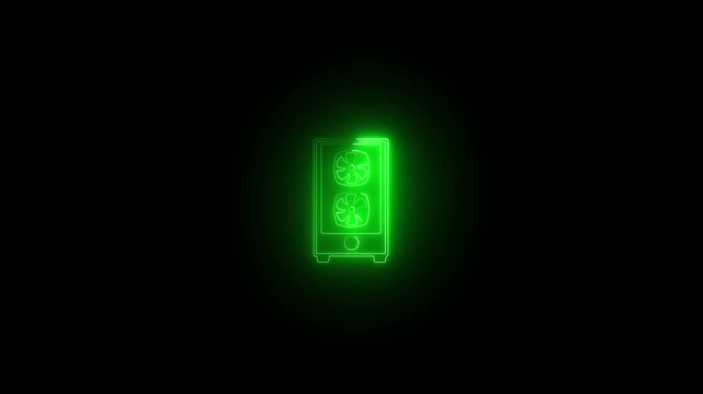 Neon green glowing gaming pc tower animation on black background, computer