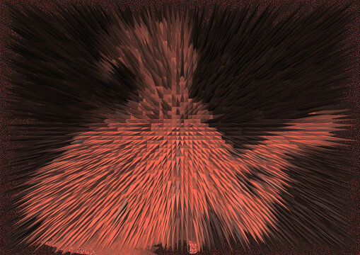 Artistically deformed by slim sharp pyramids red silhouette of guitar man on the black background