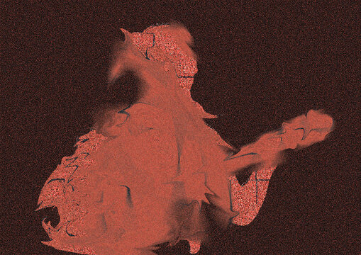 Beautifully blurry red silhouette of guitarist with beard and hair in a ponytail on the black background