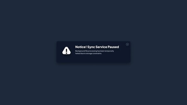 Sync Service Paused Storage Constraint Alert Popup Dark Minimal UI Cloud Processing Error Box