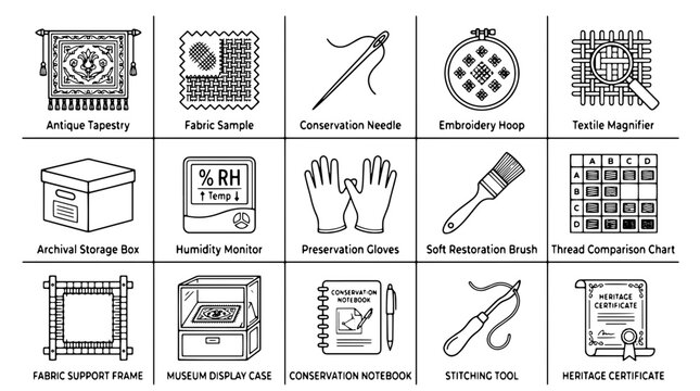 Textile conservation icons set, 15 museum restoration line art symbols, antique fabric preservation and archival equipment vector collection