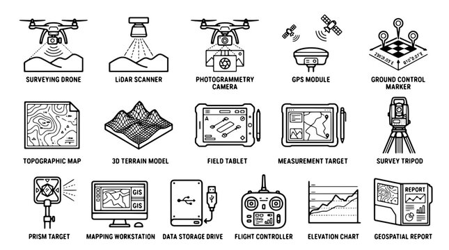 Geospatial surveying drone icons, 15 mapping and photogrammetry vector elements, land topography and lidar scanning equipment set