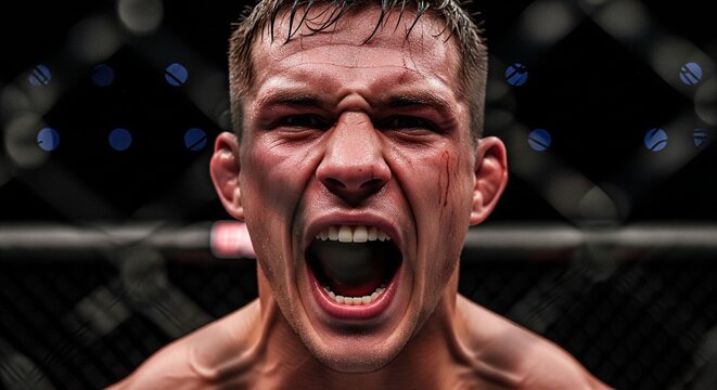 Intense portrait of boxer shouting in passion and fury