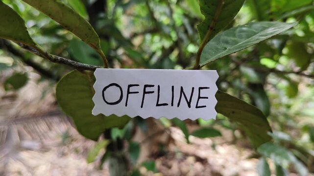 Digital detox concept. Offline word note clipped to a tree branch. State of mind after taking break or disconnected work, social media and technology addiction. Mindfulness and mental health concept.