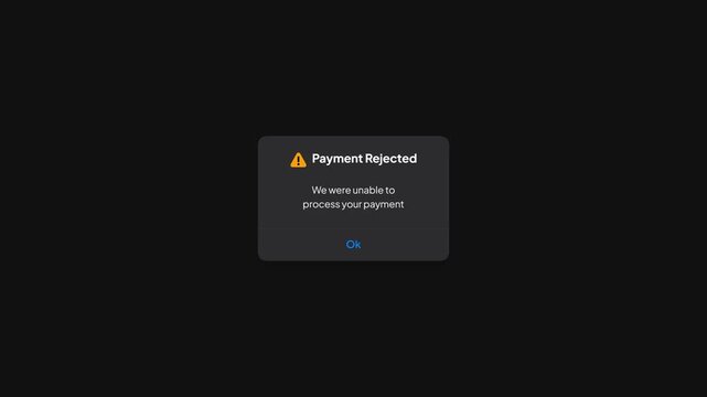 Payment Rejected Dark Mode Alert Window Animation E Commerce Transaction Error UI Motion Graphic 4K