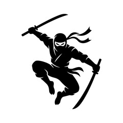 Dynamic Jumping Ninja Warrior Attacking with Katana Swords Vector Silhouette © Kabir 2.0