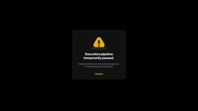 System Execution Paused Dialog Box: Dark user interface window with yellow warning triangle icon, error notification text, dismiss button. System overload concept, UI overlay animation