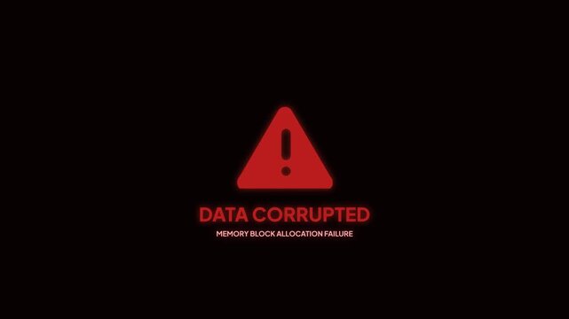 Data corrupted error warning sign glitch animation flashing red alert text memory block allocation failure cyber security failure system warning loop background
