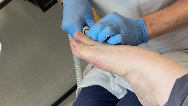 Close-up man foot pedicure diamond drill master wearing blue gloves working on toenail electric file smoothing callus salon lamp