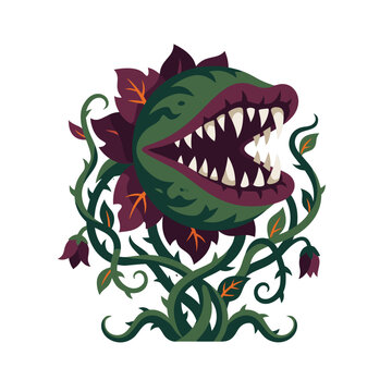 Monstrous Venus flytrap plant with open toothy mouth, purple leaves, and swirling thorny vines with flowers isolated on white background.