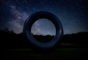 Obraz premium Dark inflatable ring standing on grass under a starry night sky with the milky way visible through the opening