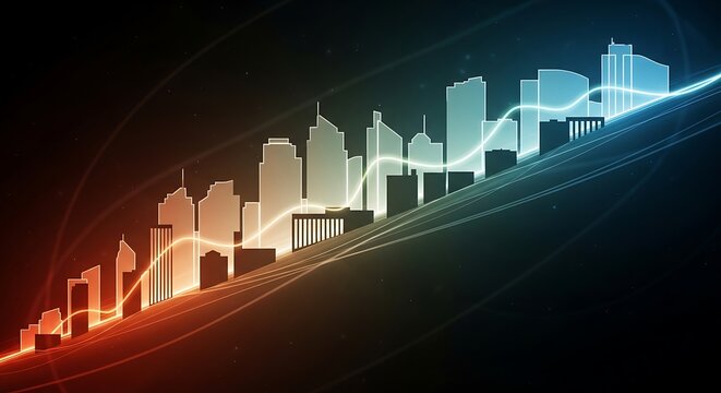 Glowing digital city skyline with rising financial graph trend lines