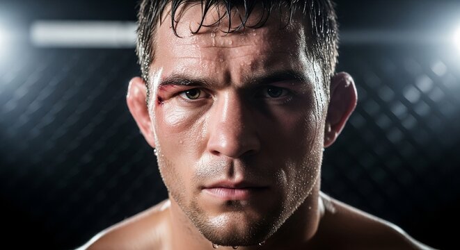 Serious portrait of a bruised male boxer with cuts on his face looking straight ahead.