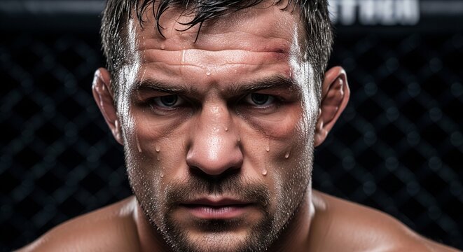 Intense close-up portrait of a male fighter with sweat and cuts on his face looking into the camera