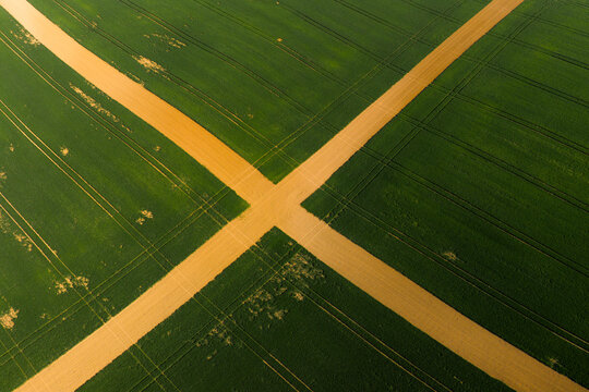 Aerial view of agricultural fields with intersecting dirt paths forming an X shape in Kunkovice, Zlin Region, Czechia.