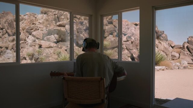 Wearing headphones, a man plays guitar at a desk overlooking a dramatic boulder pile.