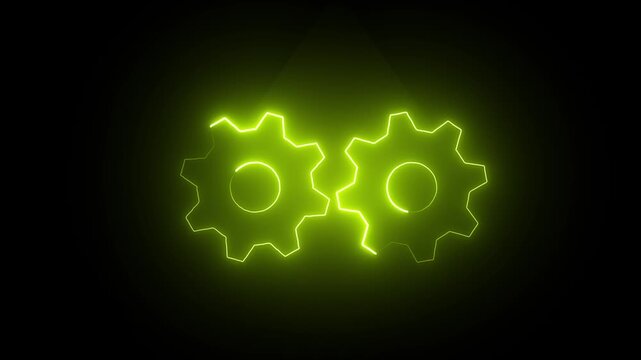 Neon green glowing gear wheels rotating together, mechanical engineering concept, industrial automation and teamwork motion
