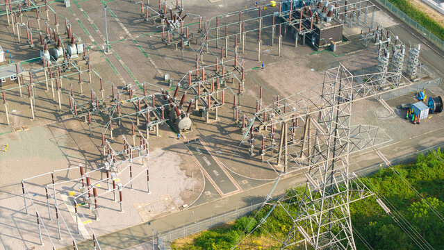 Aerial view of Berkswell Substation featuring electrical transformers, power lines, and industrial infrastructure in Coventry, England, United Kingdom.
