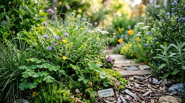 A lush garden path winding through vibrant flowers and greenery.