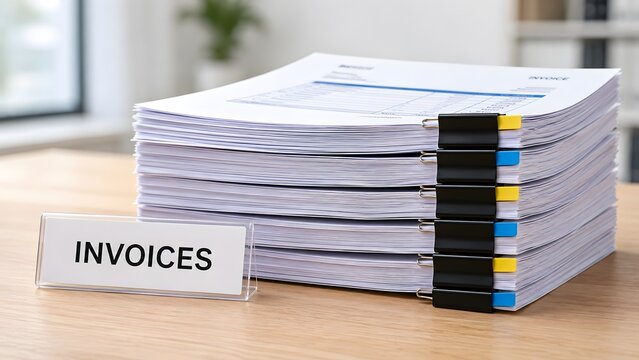 High volume invoice paperwork stacked with binder clips represents manual billing administration and document backlog