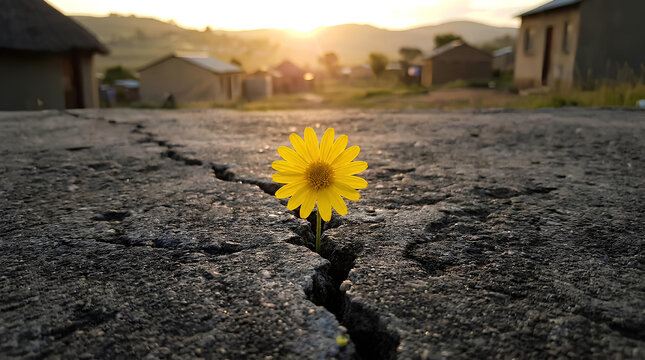 Single yellow flower growing through crack in village road.