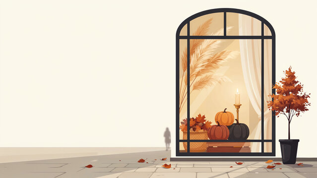 Premium autumn home decor storefront window display in vector style