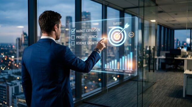 Manager using futuristic digital interface for business goal and target analysis