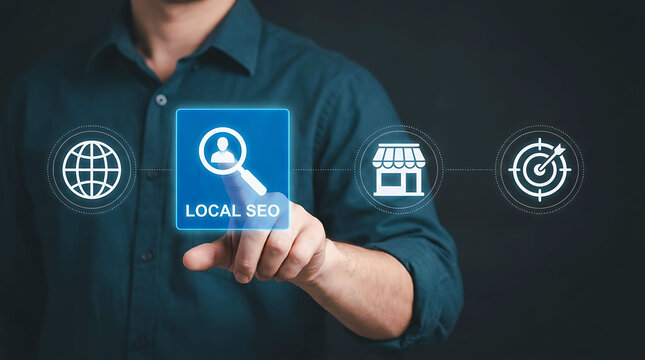 Hand selecting localized seo option on digital interface