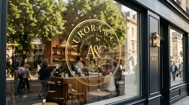 Storefront window with elegant gold vinyl branding logo in european city street